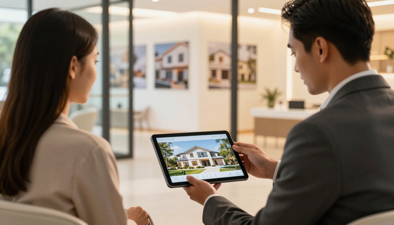Real estate agent showing a property brochure flipbook on a tablet to clients in a bright modern showroom