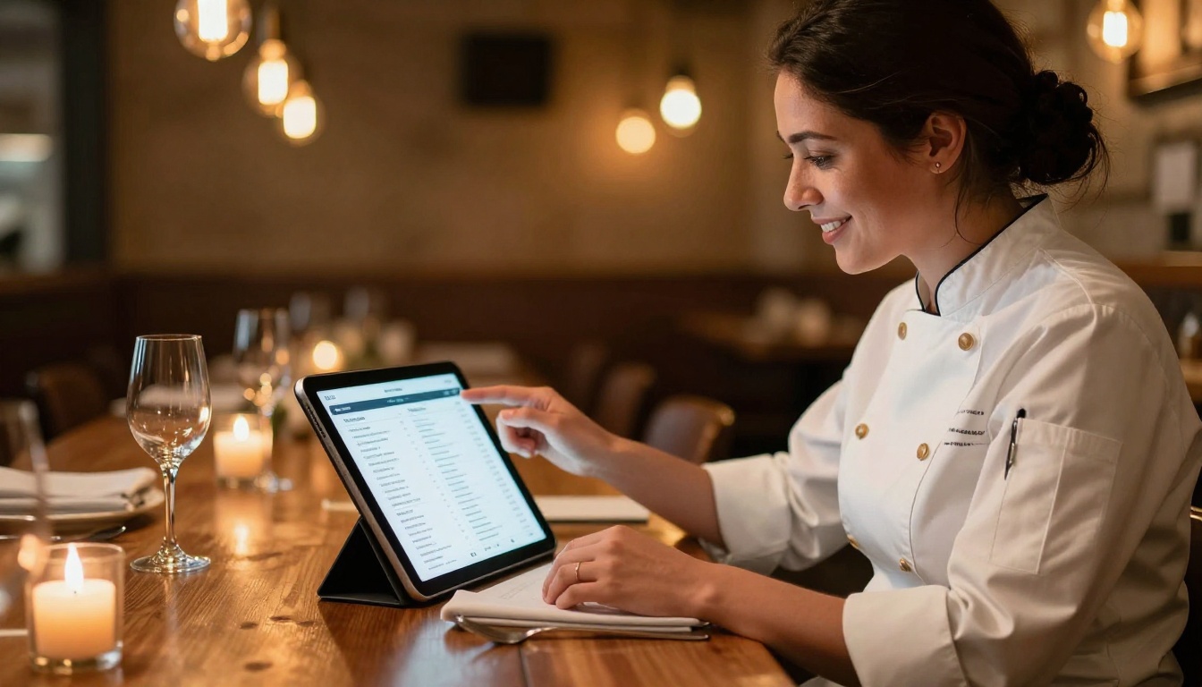 Restaurant owner reviewing a digital menu flipbook on an iPad at a beautifully set dining table