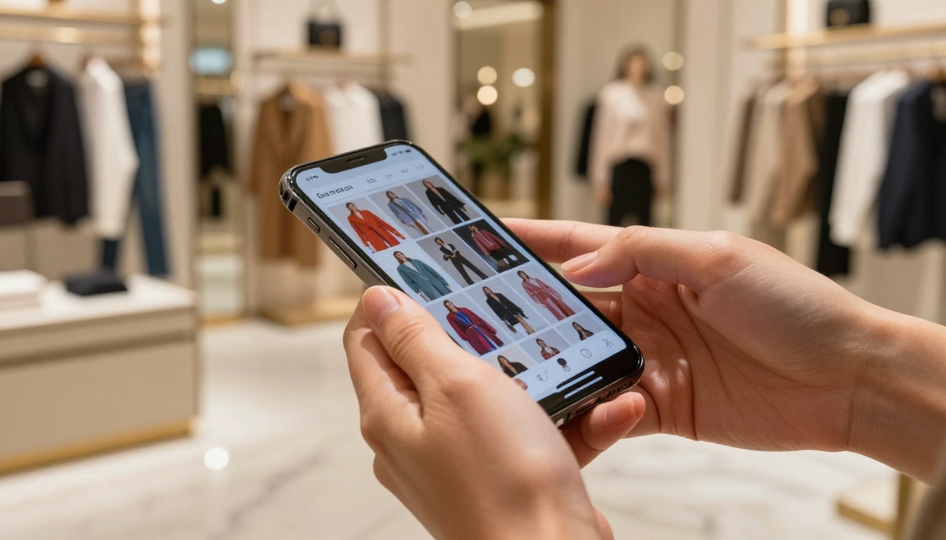 Woman's hands scrolling through a fashion catalog flipbook on a smartphone in a luxury boutique