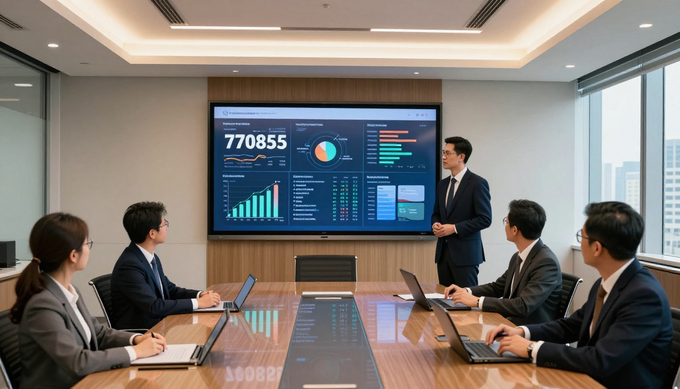 Corporate boardroom presentation with annual report flipbook displayed on a large wall-mounted screen