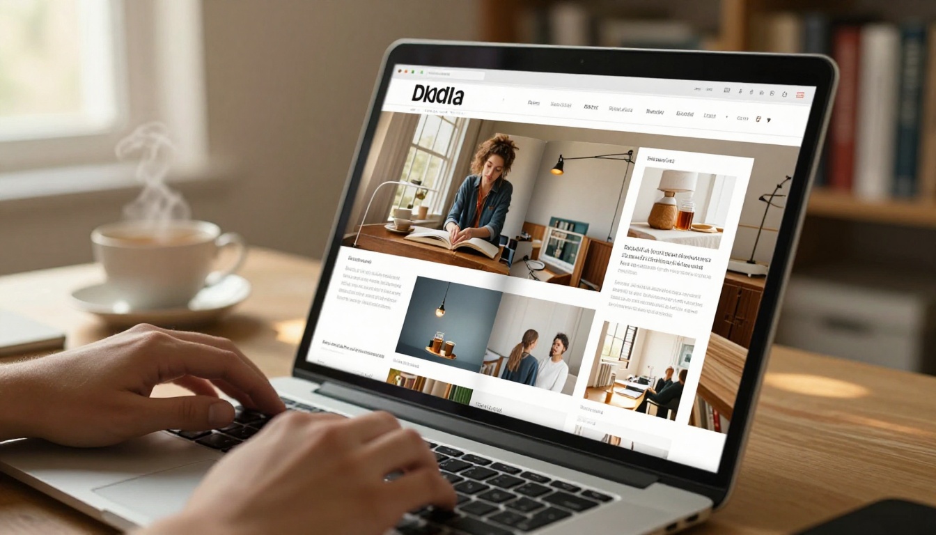 E-magazine flipbook open on a laptop with page-turn animation in a cozy home office setting