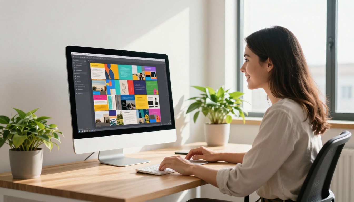 Woman smiling while viewing an interactive digital brochure flipbook on a desktop computer monitor