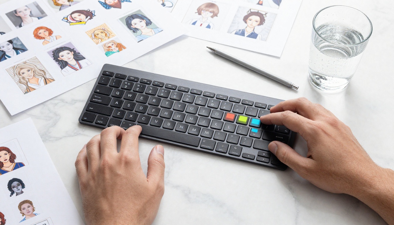 Creative professional reviewing AI-generated image printouts at a bright desk workspace