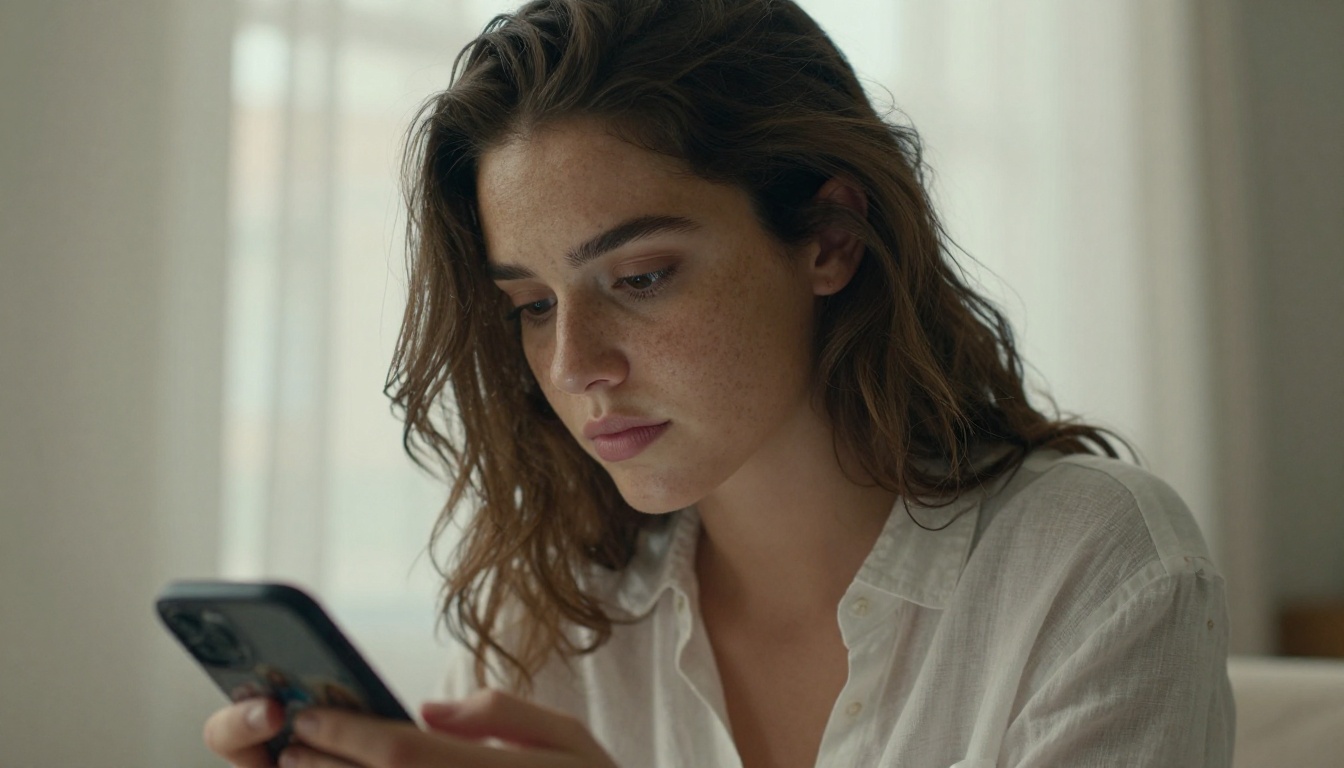 Young creative woman checking AI image gallery on smartphone with soft window light