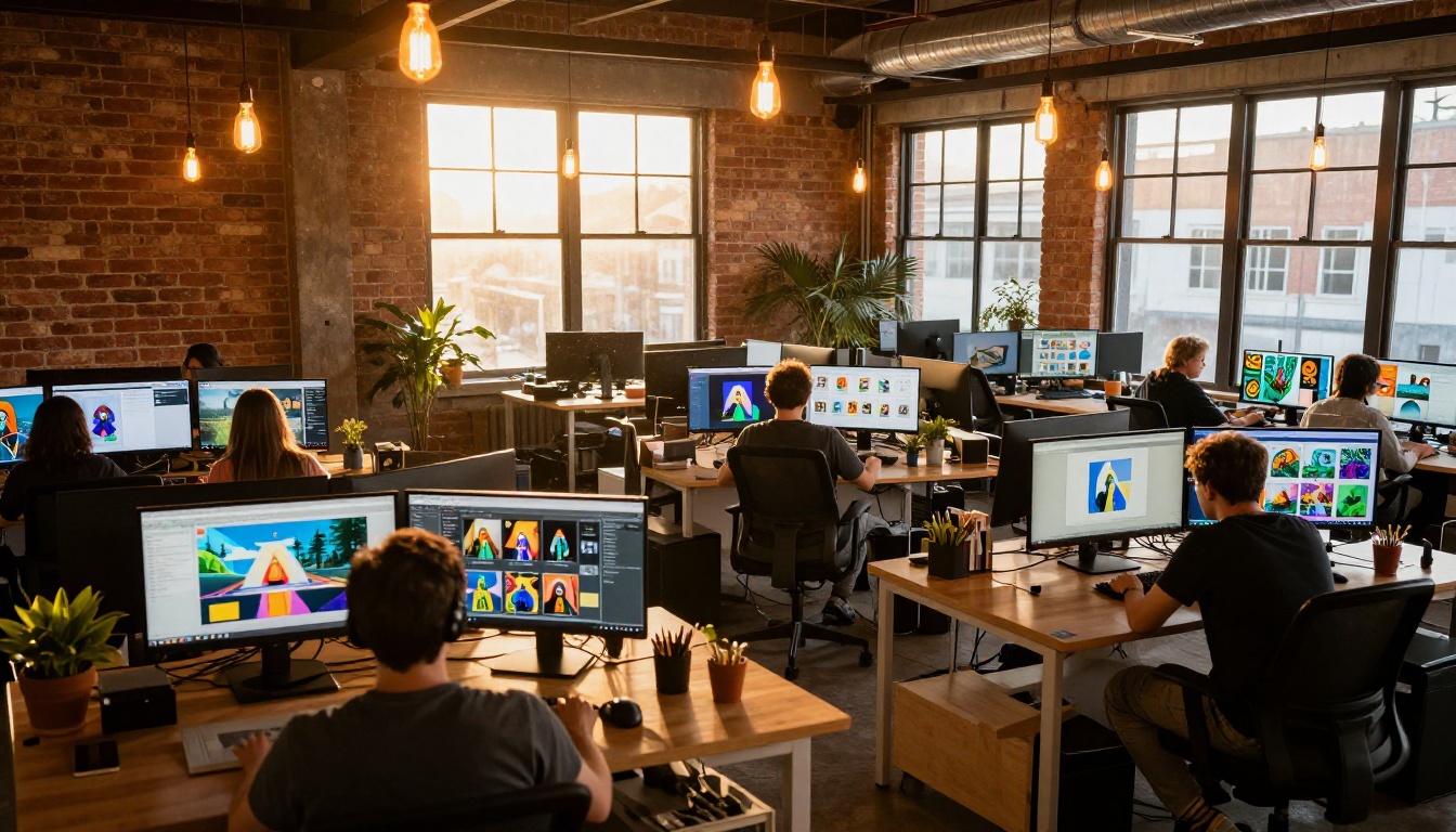 Wide-angle view of creative team working in bright office with multiple monitors showing AI artwork