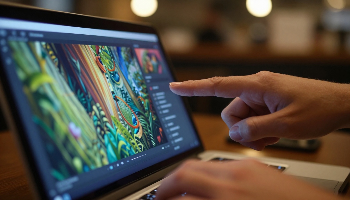 Close-up of hands pointing at a laptop screen showing an AI image gallery interface in a warm café environment