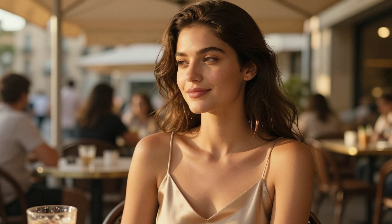 Close-up photorealistic AI-generated portrait of a woman at a Barcelona cafe