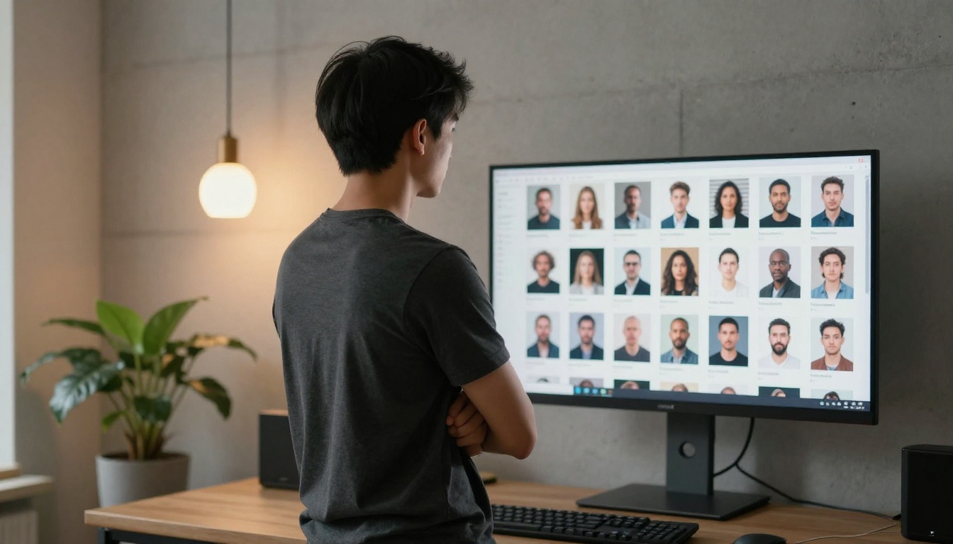 A man studying a grid of AI-generated images on a large desktop monitor in a minimalist home office