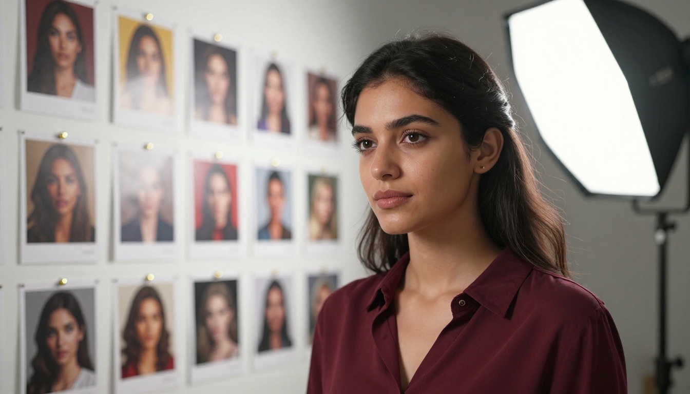 Confident young woman standing in front of an AI artwork reference board with professional studio lighting