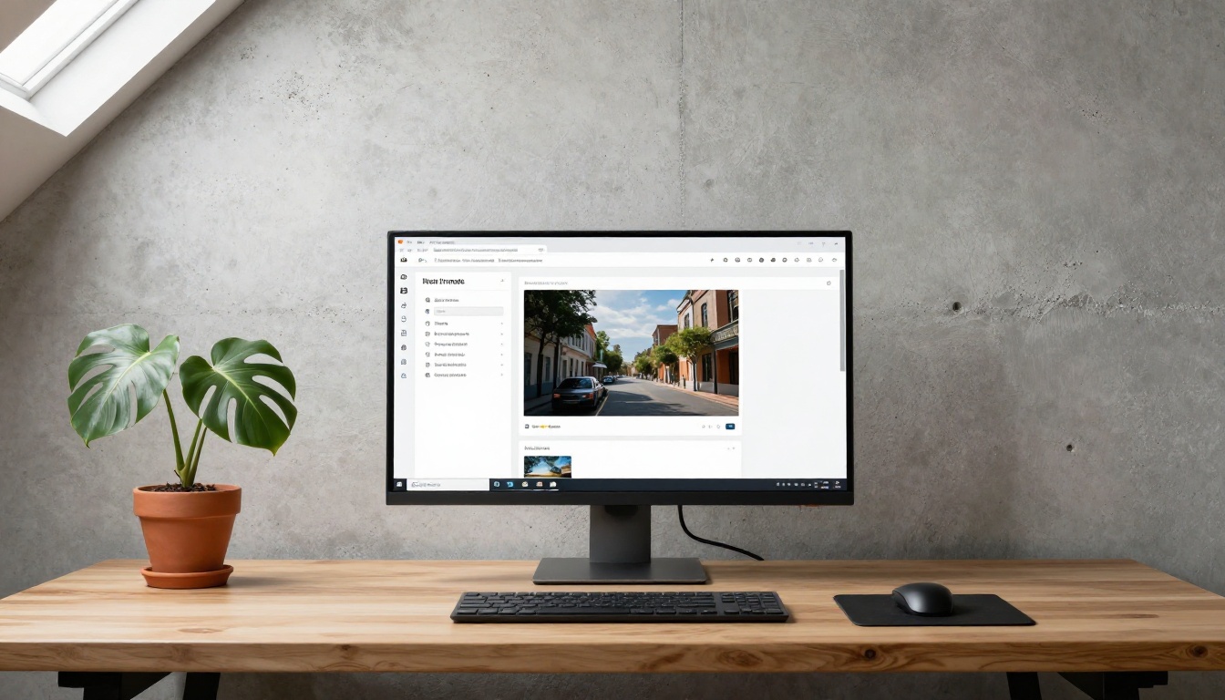 Minimalist home office setup with ultrawide monitor showing AI text-to-image interface