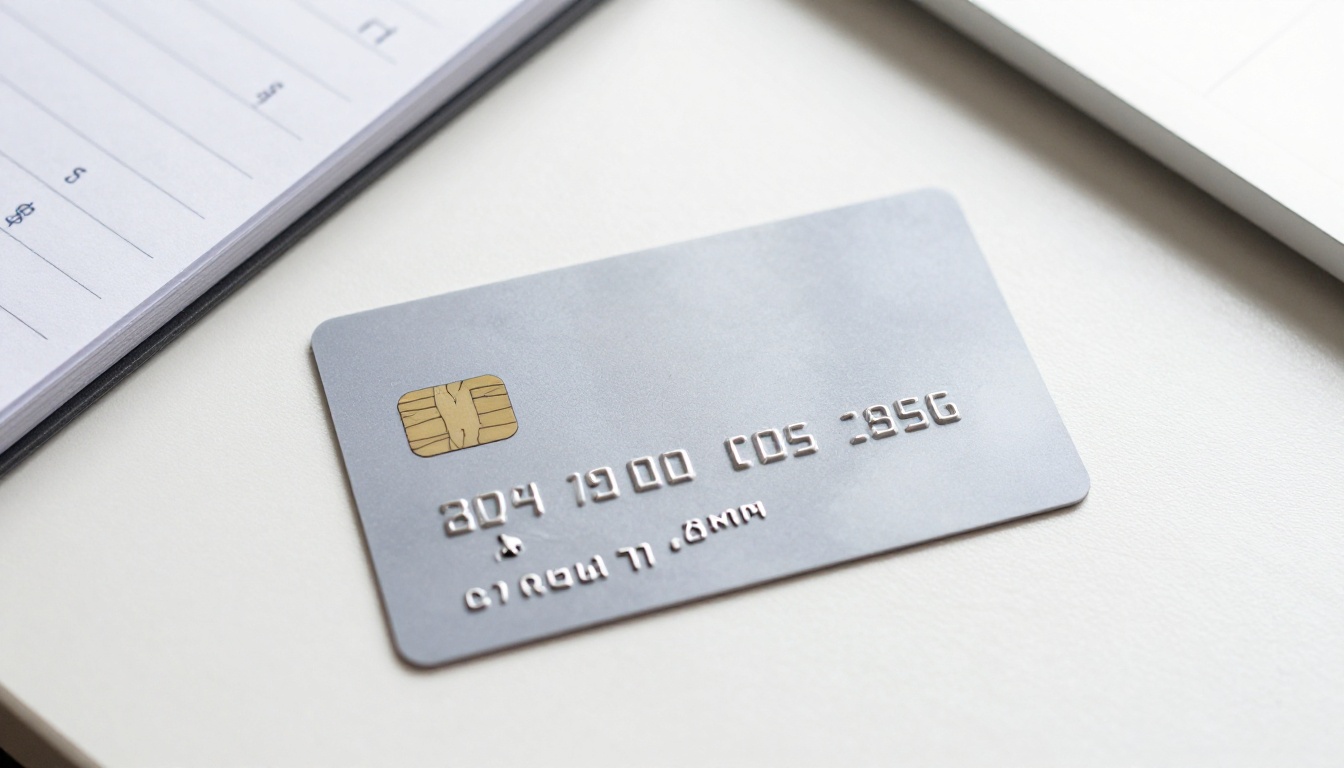 Credit card and notepad with cost calculations on clean white desk surface with even daylight