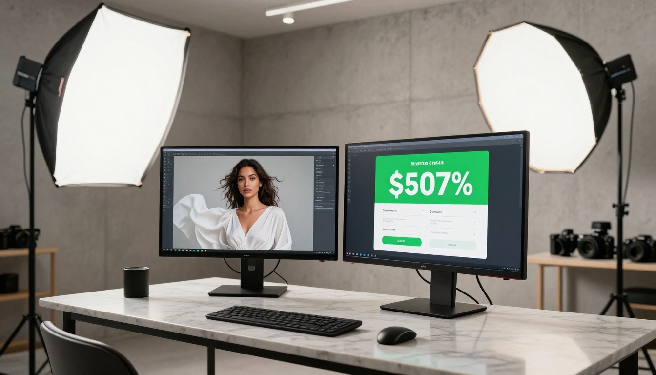 Modern photography studio with two monitors showing AI-generated art side by side