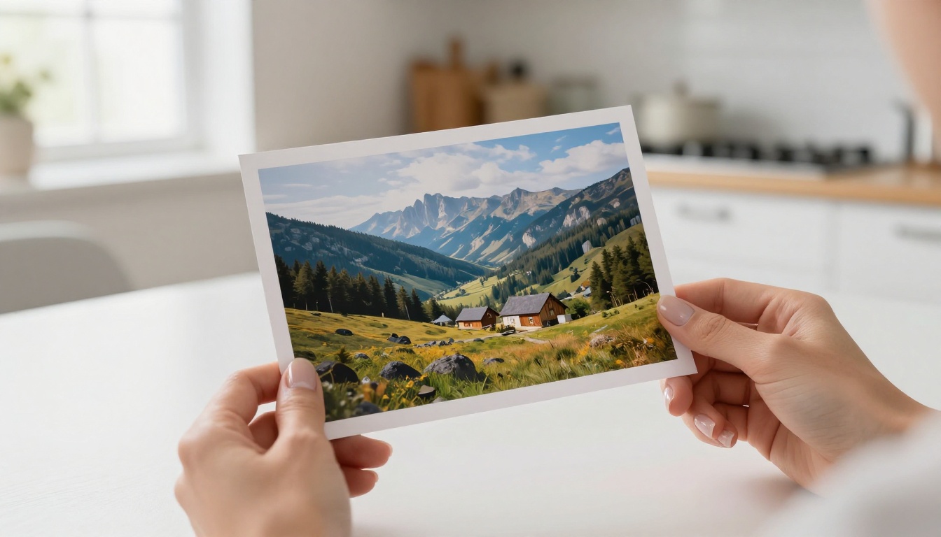 Woman's hands holding a printed AI-generated landscape photograph at a bright kitchen table