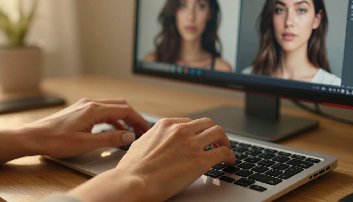 A professional photographer comparing AI image generation results on a studio workstation