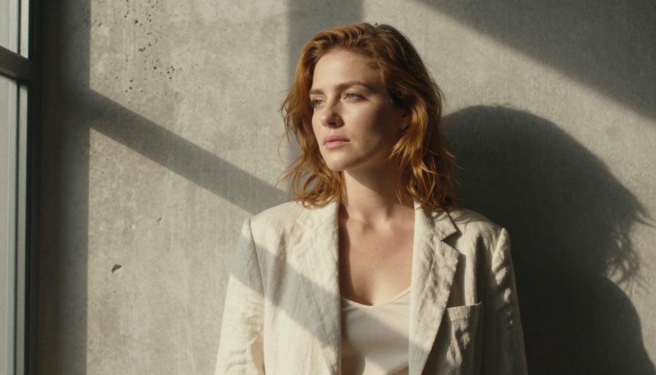 Photorealistic AI-generated fashion portrait of a woman with auburn hair in a loft