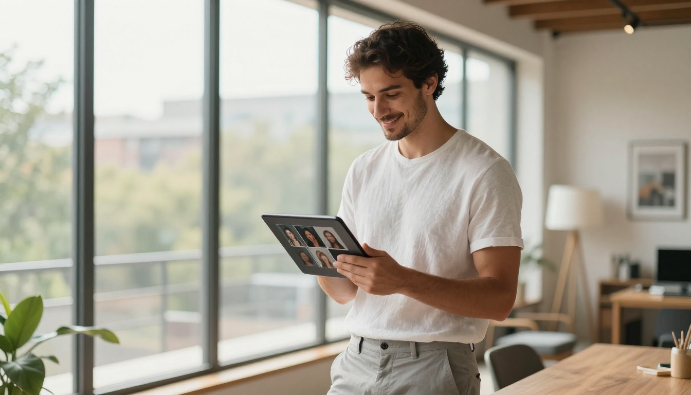 A young creative professional reviewing AI-generated images on a tablet in a bright loft workspace
