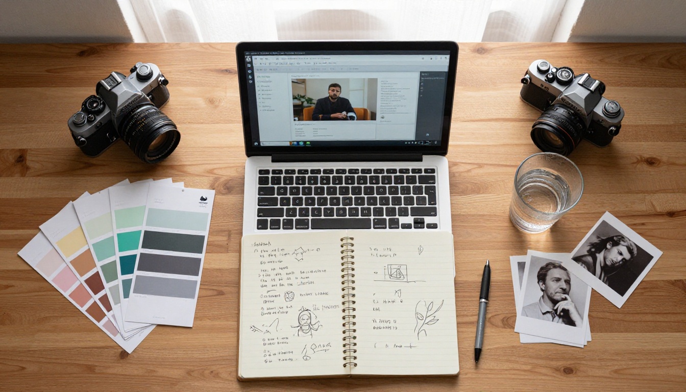 An overhead flat-lay creative workspace with laptop, camera, Pantone swatches, and printed photographic references