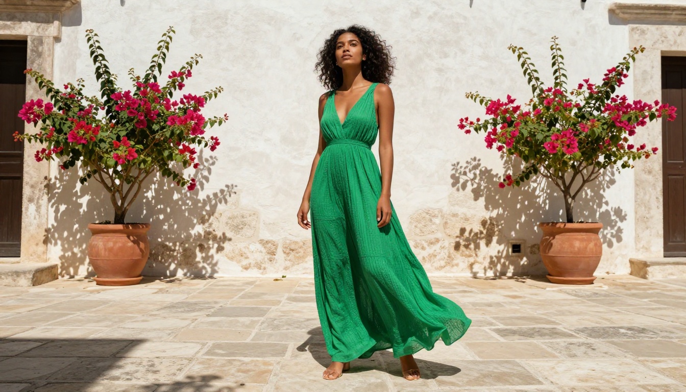 Photorealistic AI-generated image of a woman in an emerald dress in a Mediterranean courtyard