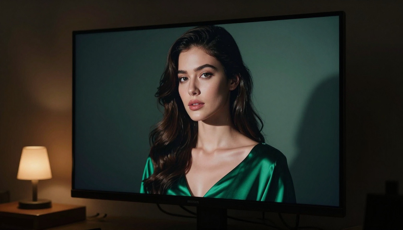 A large monitor in a dim studio displaying a photorealistic AI-generated portrait lit by a single key light