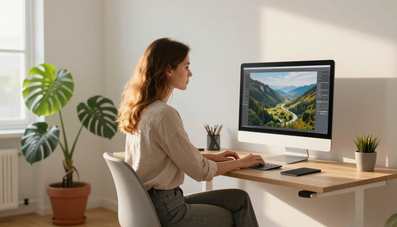A creative professional at a minimalist home office desk focusing on a monitor displaying AI-generated imagery