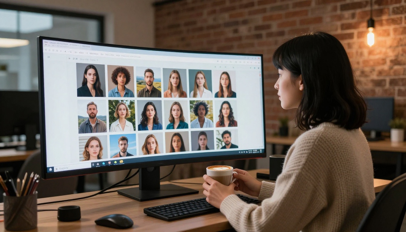 Creative professional browsing AI image gallery on ultrawide monitor in the evening