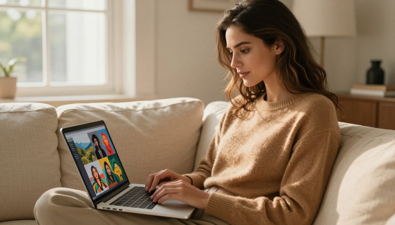 Beautiful woman using AI image generation platform on laptop at home