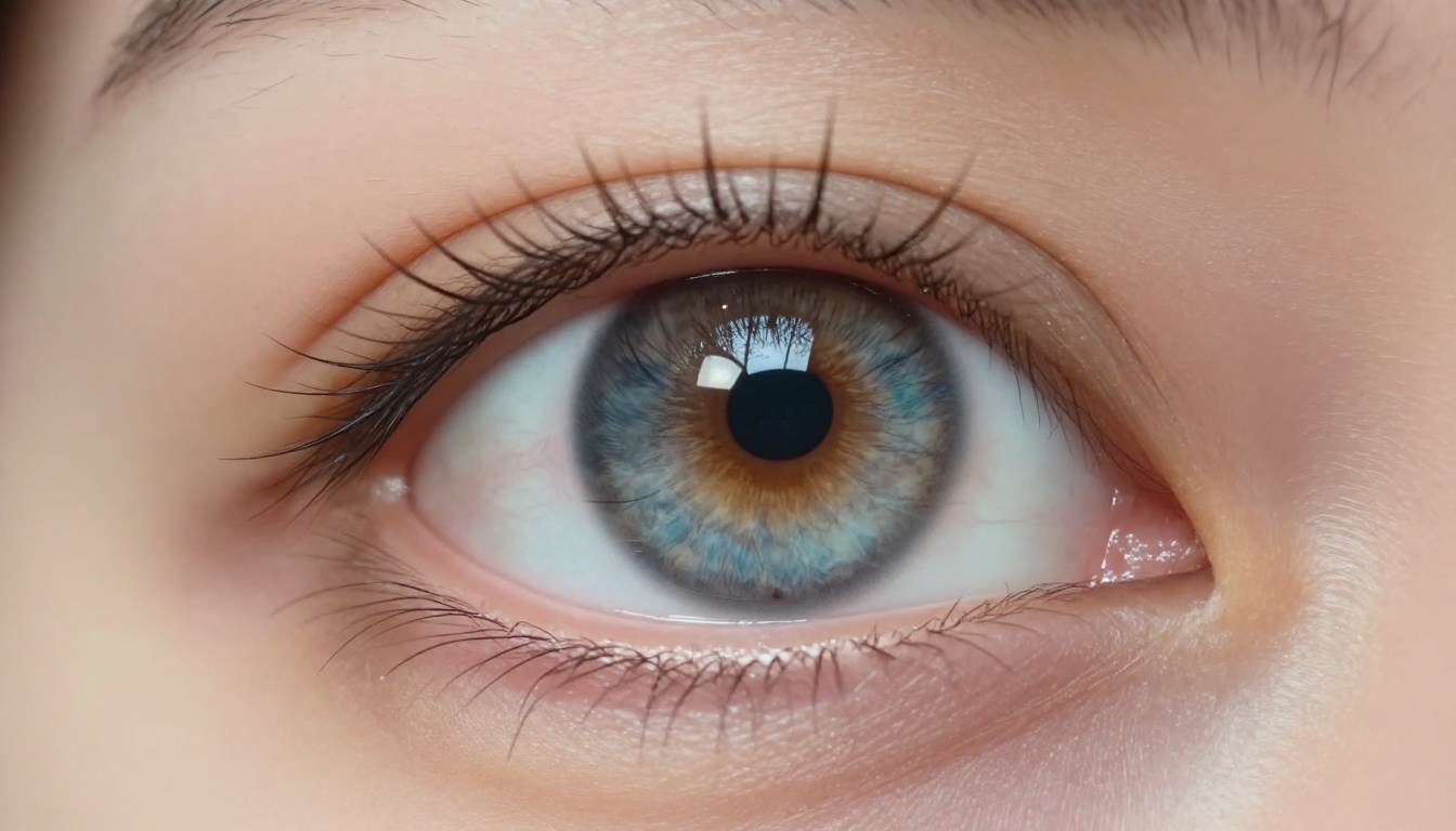 An extreme close-up of a woman's eye with a glowing AI-generated portrait reflected in the iris