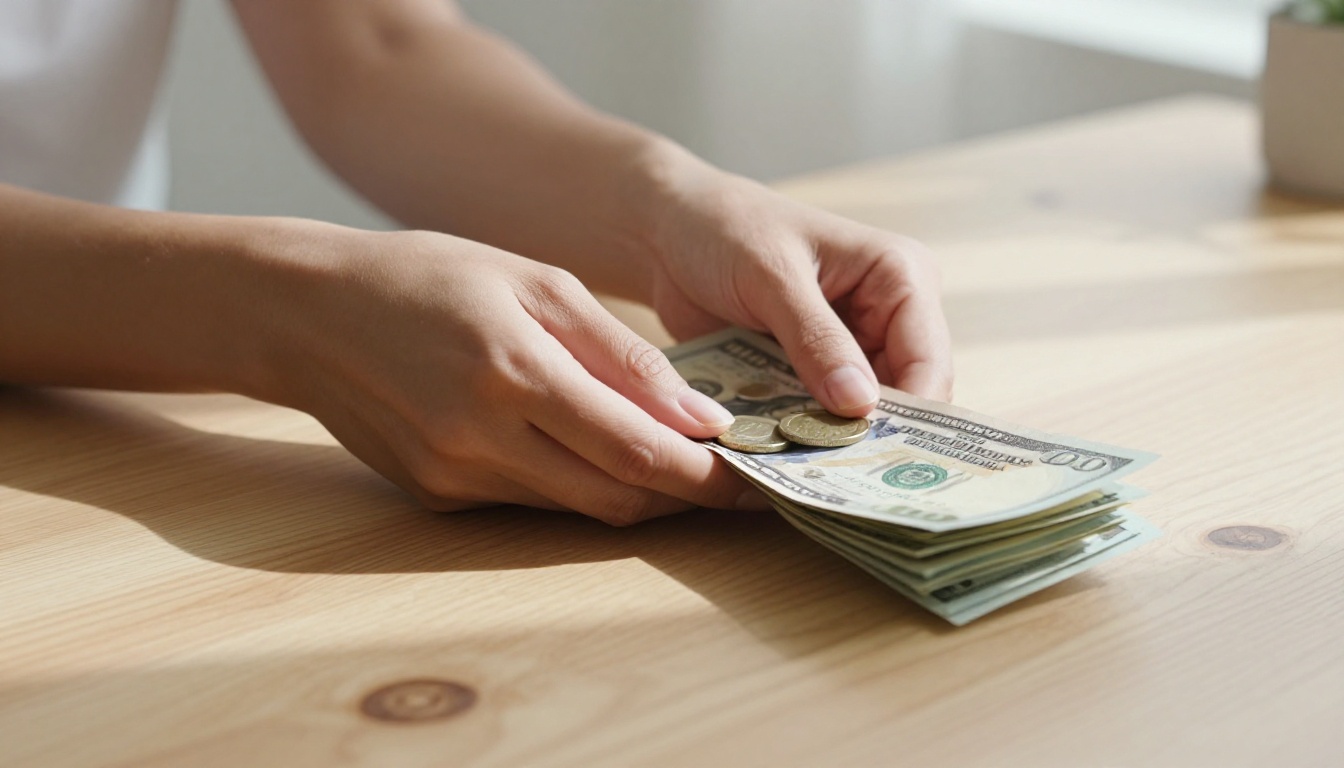 Close-up of female hands counting coins and cash on a minimal wooden desk surface