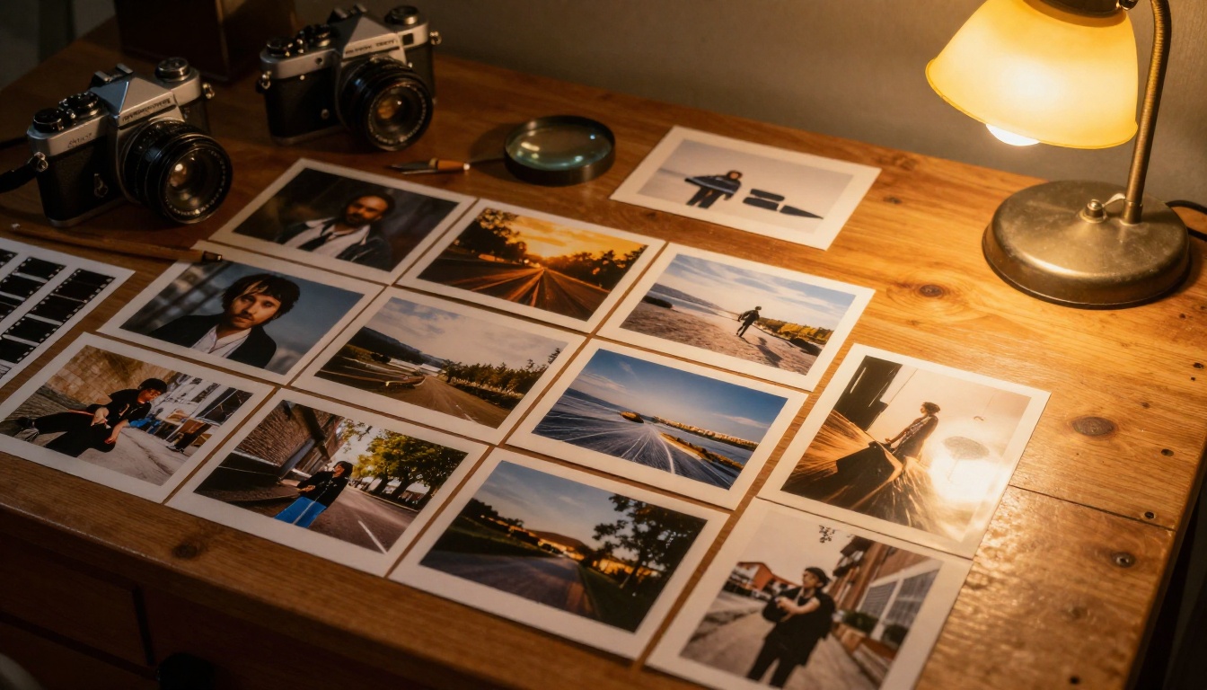 Photographer's desk with diverse printed photos spread out showing model variety