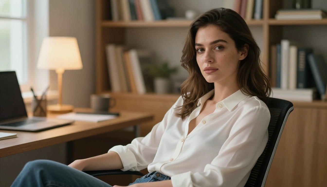 A confident woman in a white silk blouse sitting in a warmly lit creative office looking directly at camera
