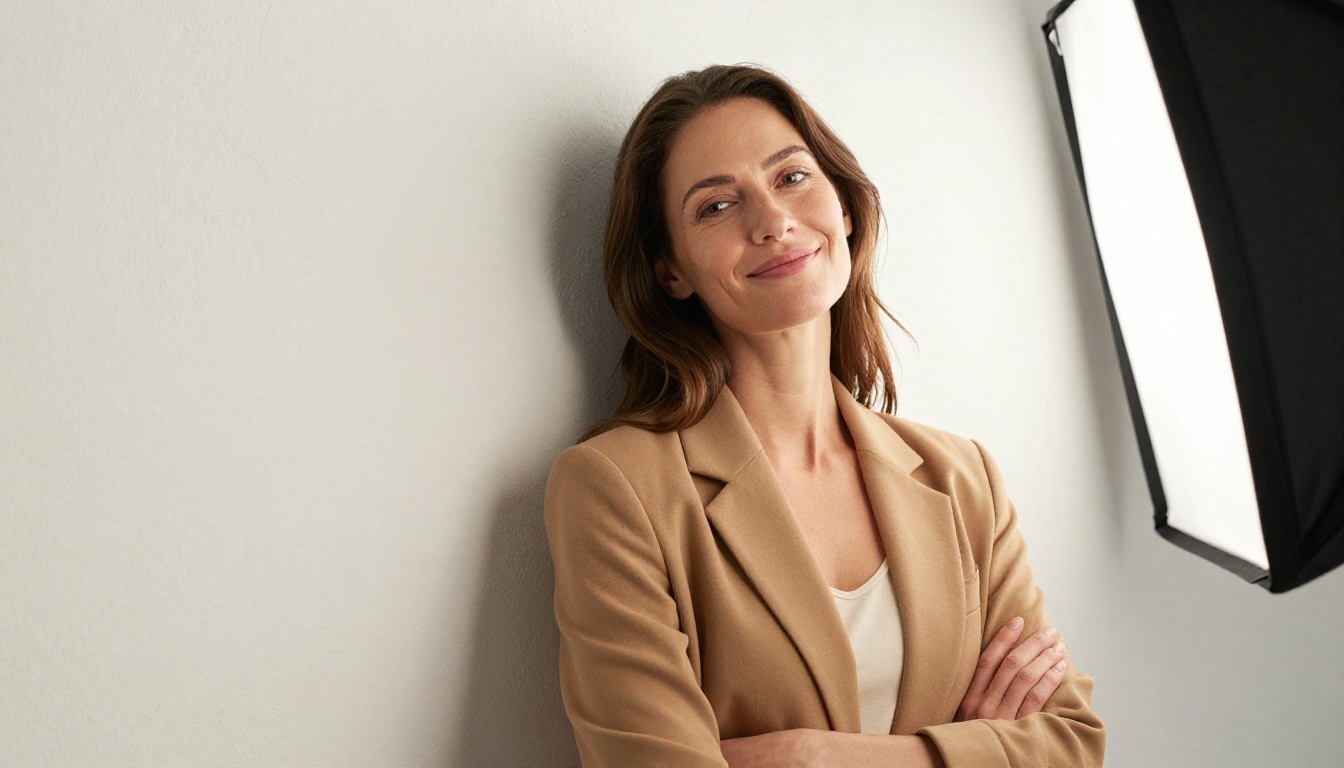 A woman in a camel blazer standing against a white plaster wall in a bright studio with a natural, relaxed expression