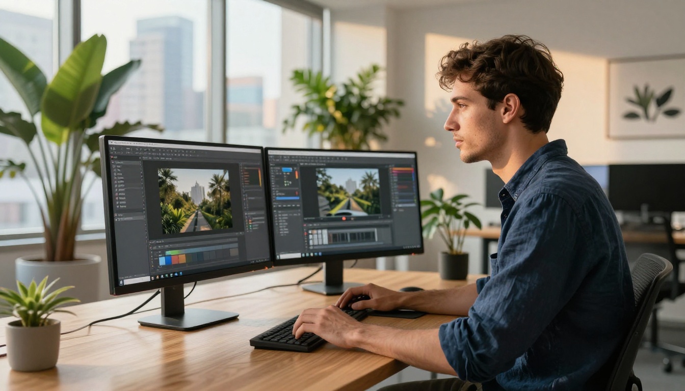 Young creative professional at standing desk with dual monitors in modern office