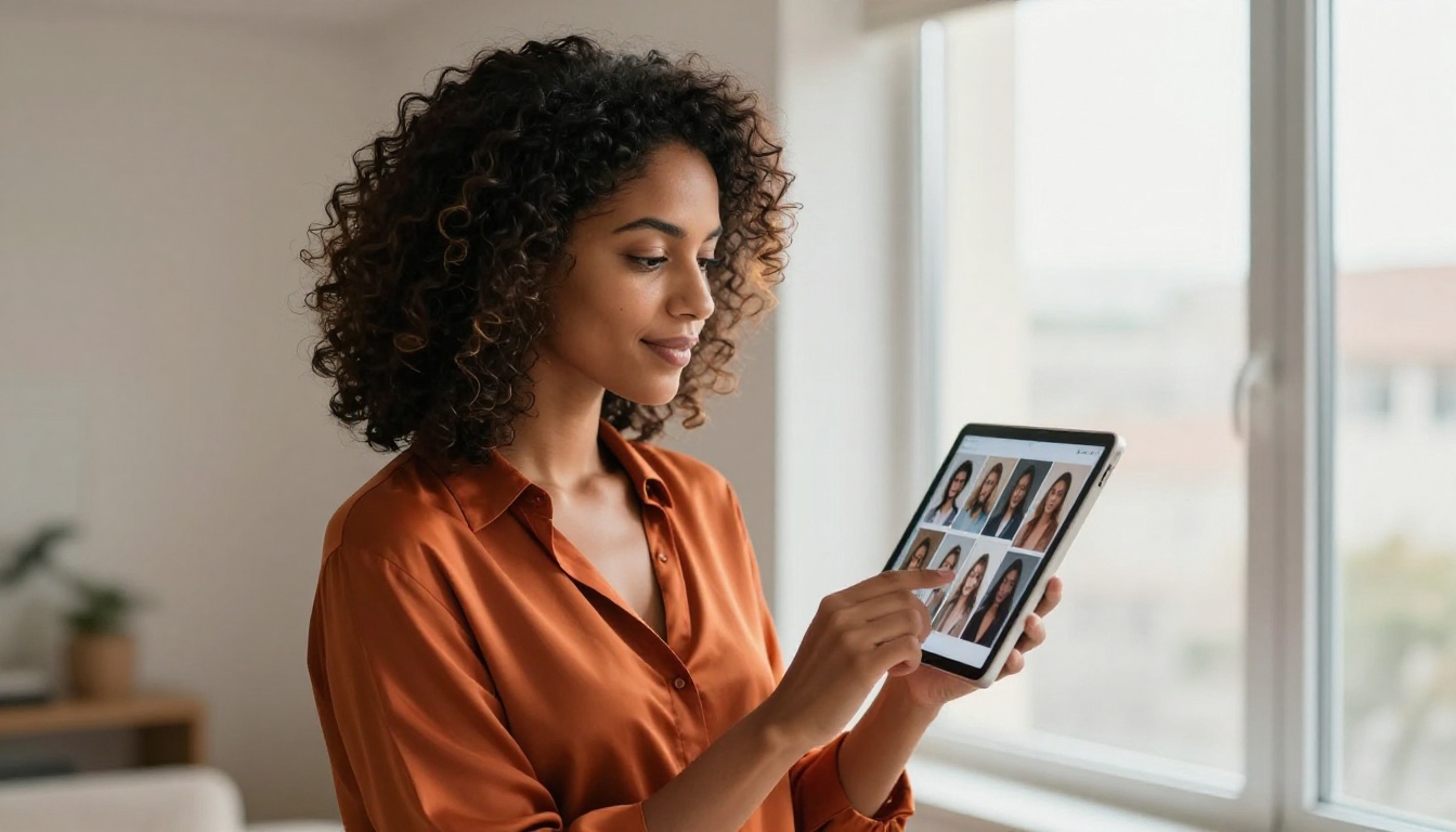 Woman with dark curly hair holding tablet showing AI-generated portrait images