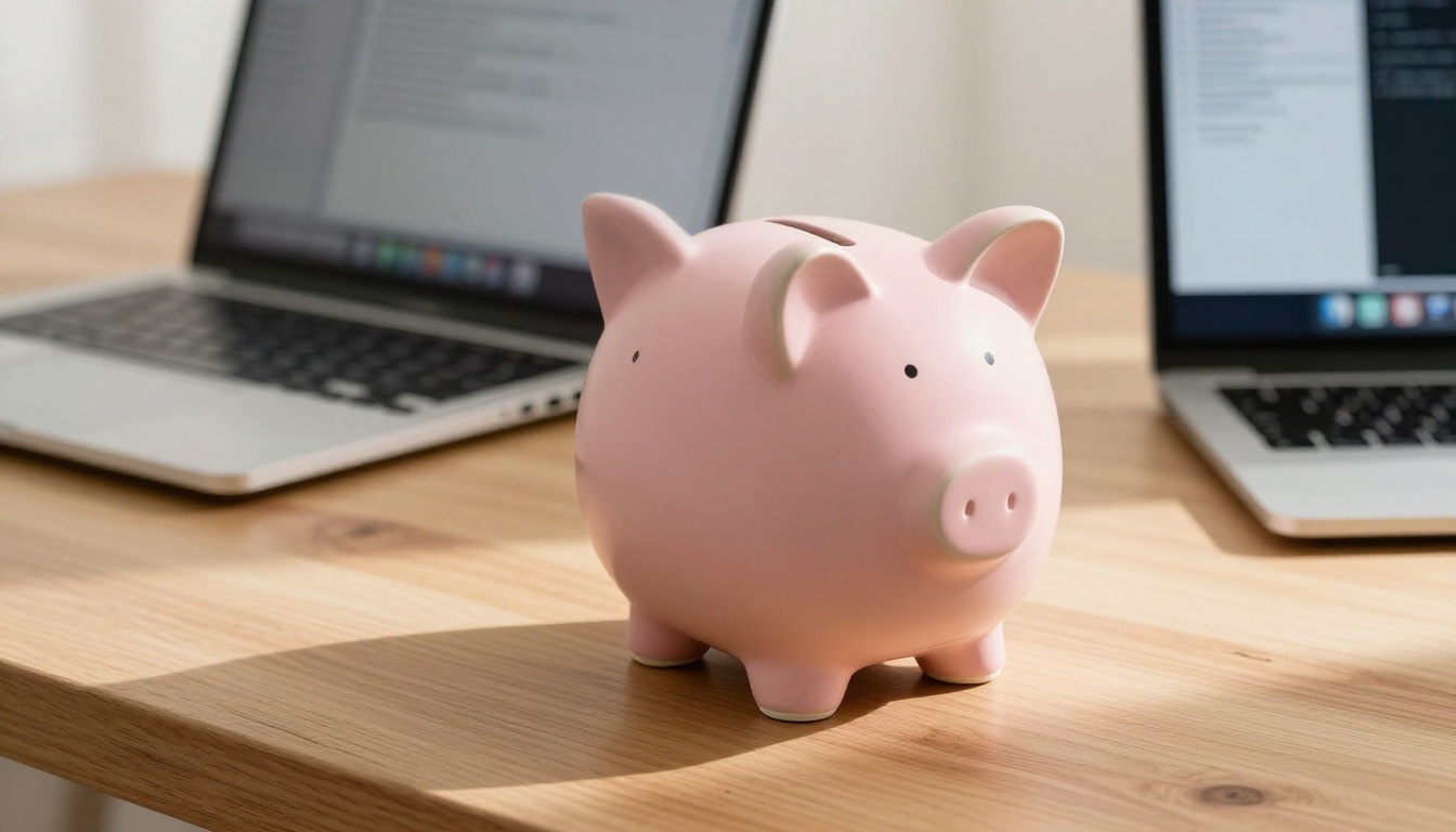 Ceramic piggy bank beside open laptop on birch wood desk representing AI generation savings
