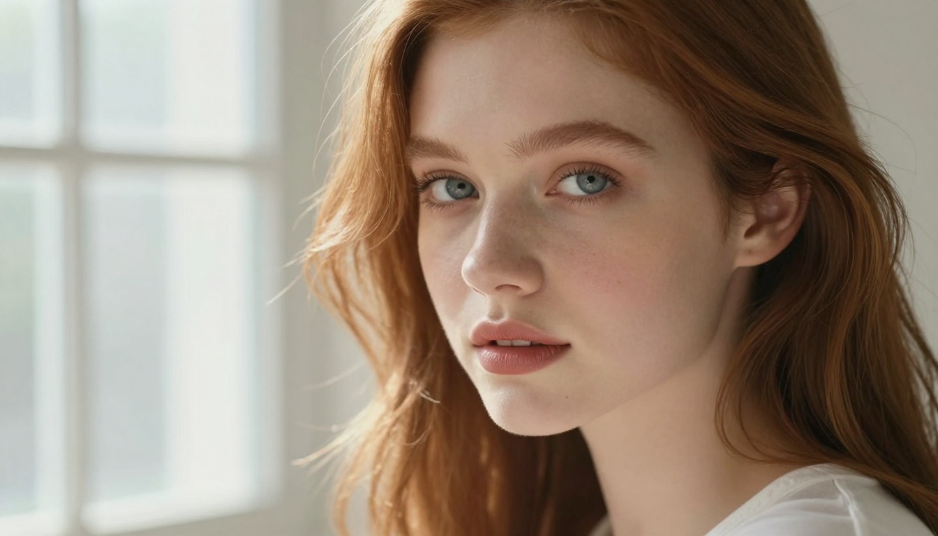 Close-up beauty portrait showing photorealistic AI image generation quality with natural lighting