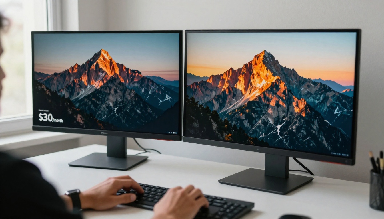 Two monitors showing AI-generated images at a minimal desk