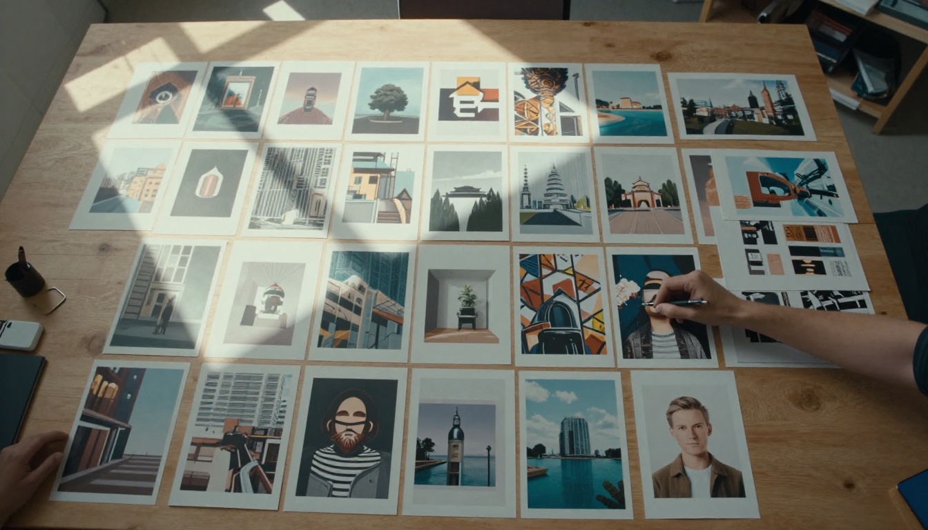 Aerial view of printed AI-generated artwork collection