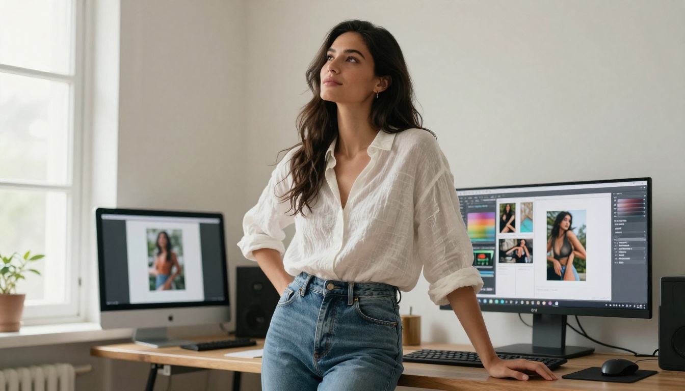 Woman reviewing AI image results on large monitor