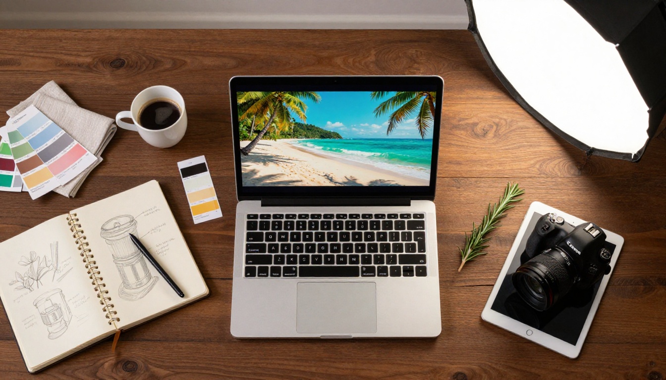 Graphic designer workspace flat lay with laptop showing AI art