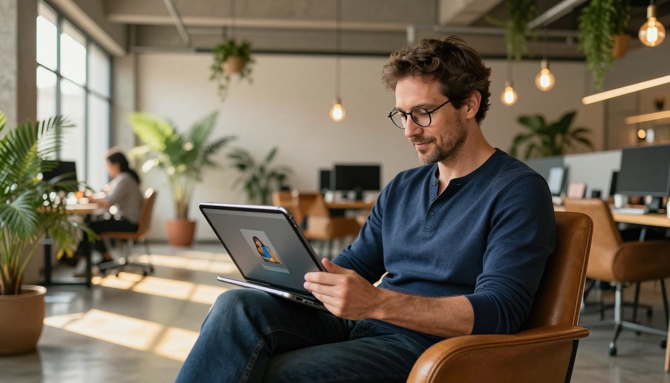 Man reviewing AI art on iPad in modern co-working space