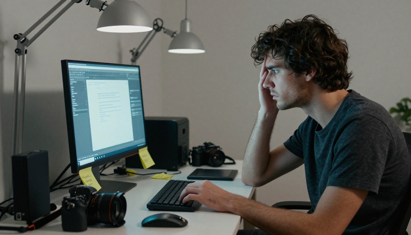 Frustrated photographer staring at error on monitor in home studio Frustrated photographer staring at error on monitor in home studio