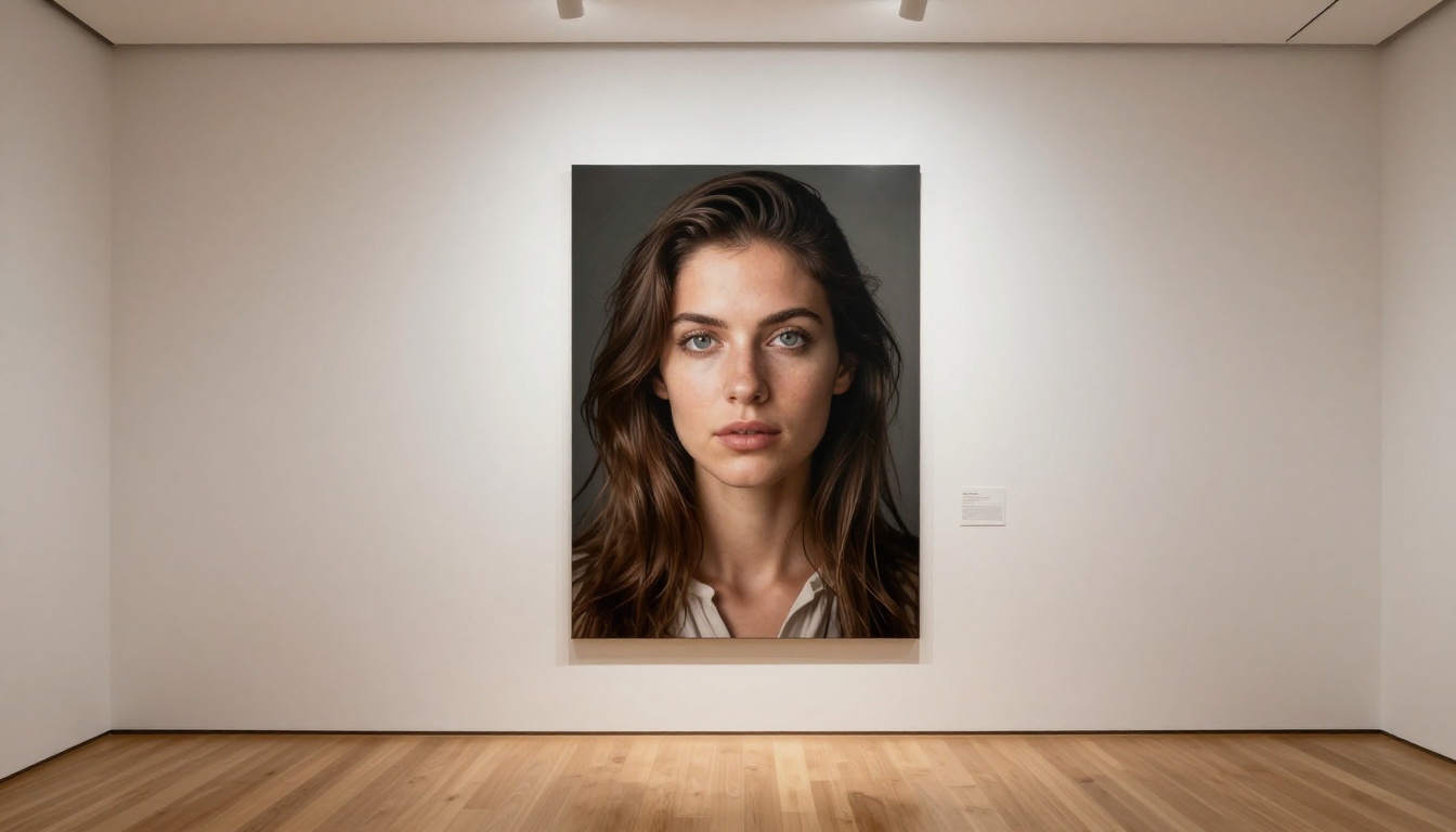 AI-generated portrait print on gallery wall with warm spotlight