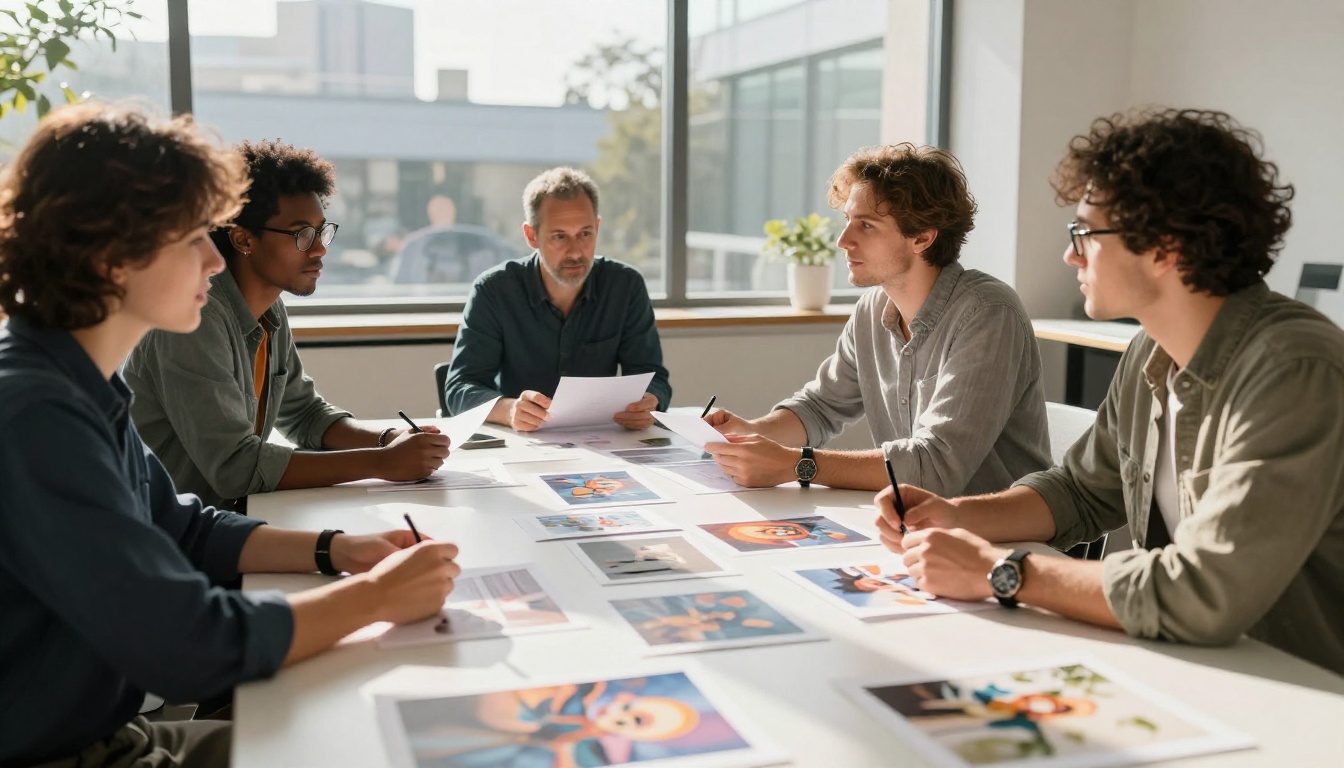 Creative professionals reviewing AI-generated artwork on conference table Creative professionals reviewing AI-generated artwork on conference table