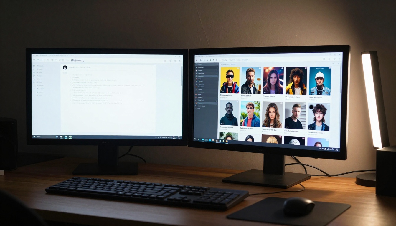 Two professional monitors side by side showing an AI platform comparison in a dimly lit creative studio