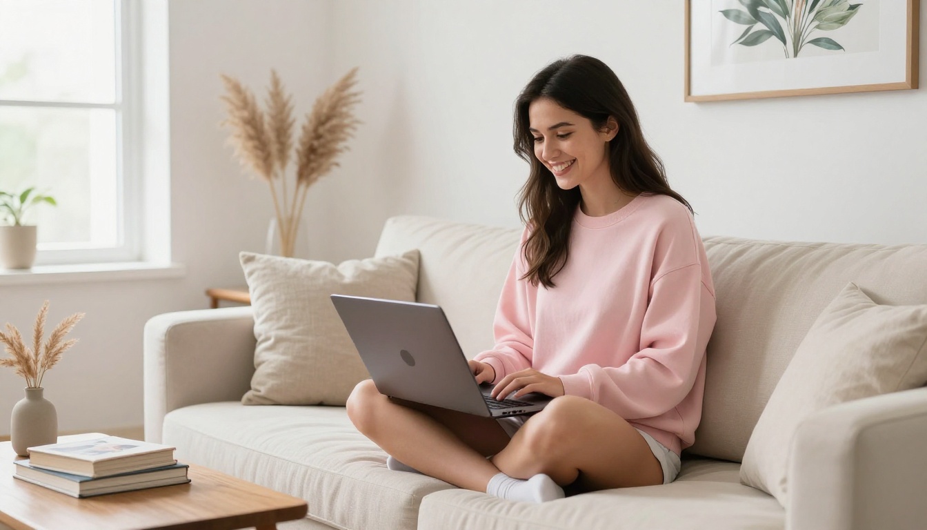 Woman on cream sofa with laptop smiling at AI-generated art