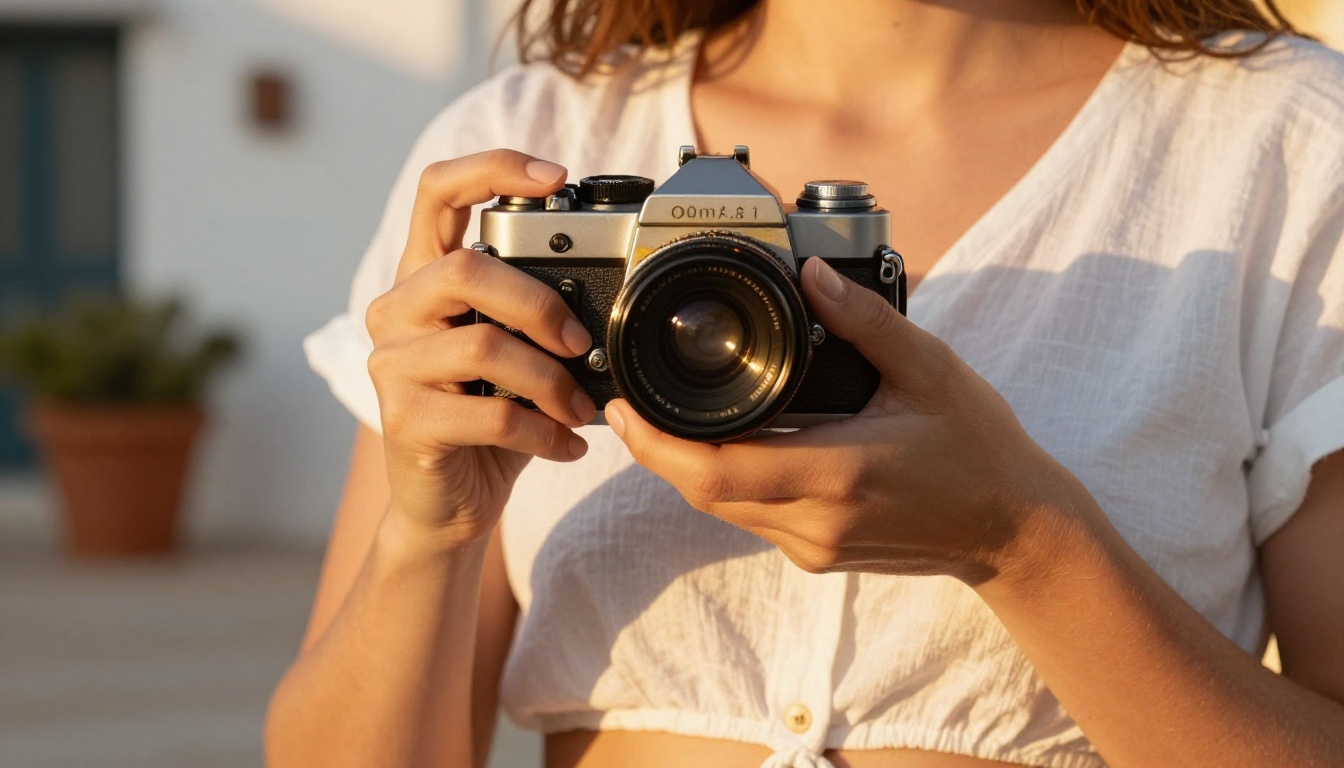 Close-up of woman's hands holding vintage film camera with golden backlight Close-up of woman's hands holding vintage film camera with golden backlight