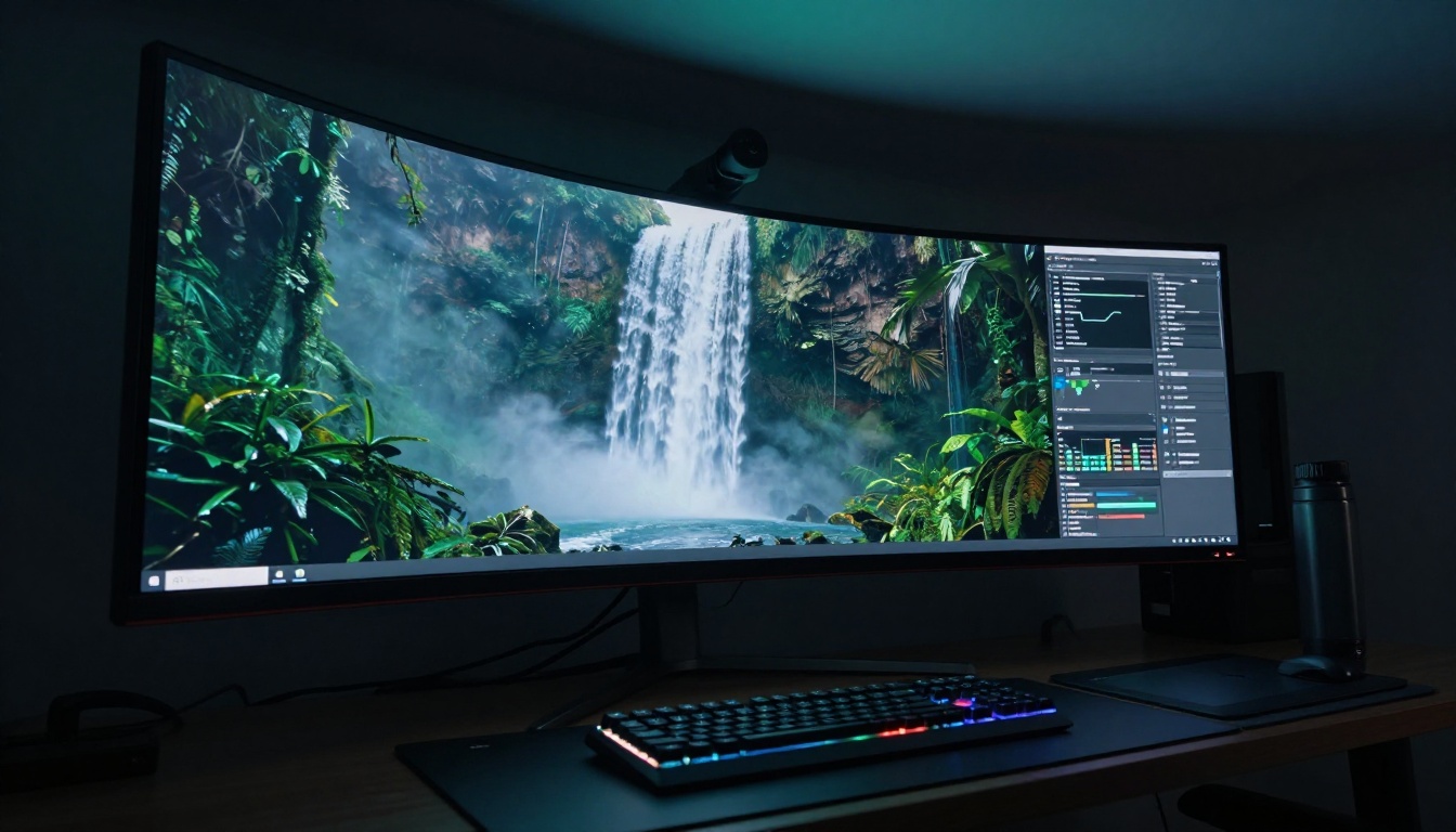 Low angle view of curved monitor displaying AI forest waterfall scene