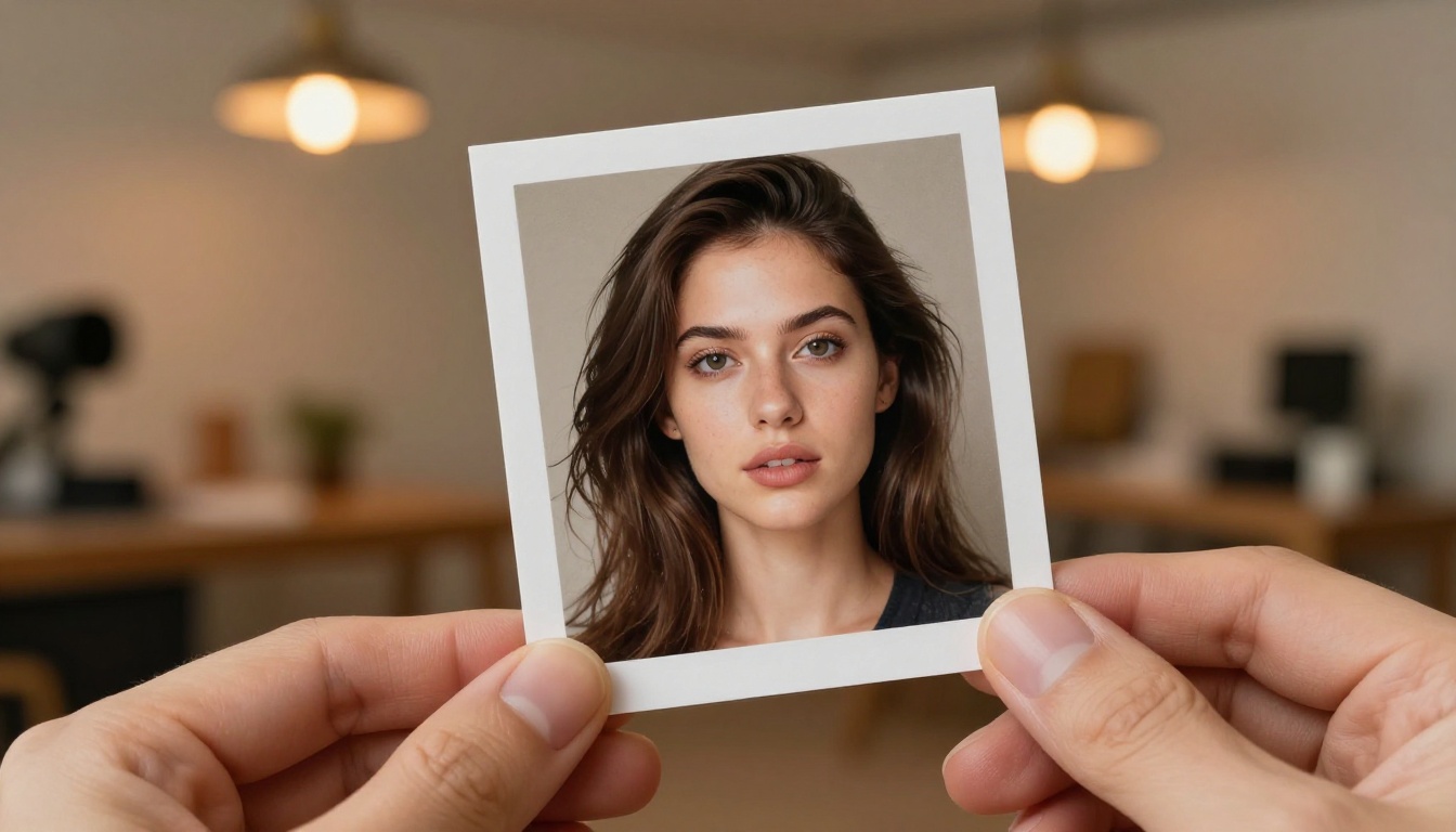 Hand holding printed AI portrait photo with studio bokeh background