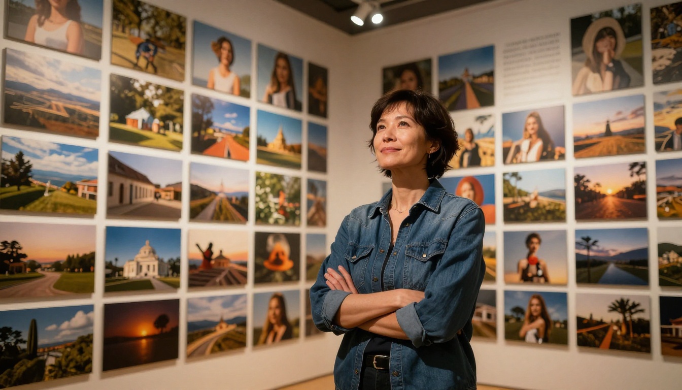 Professional photographer with wall of AI-generated prints