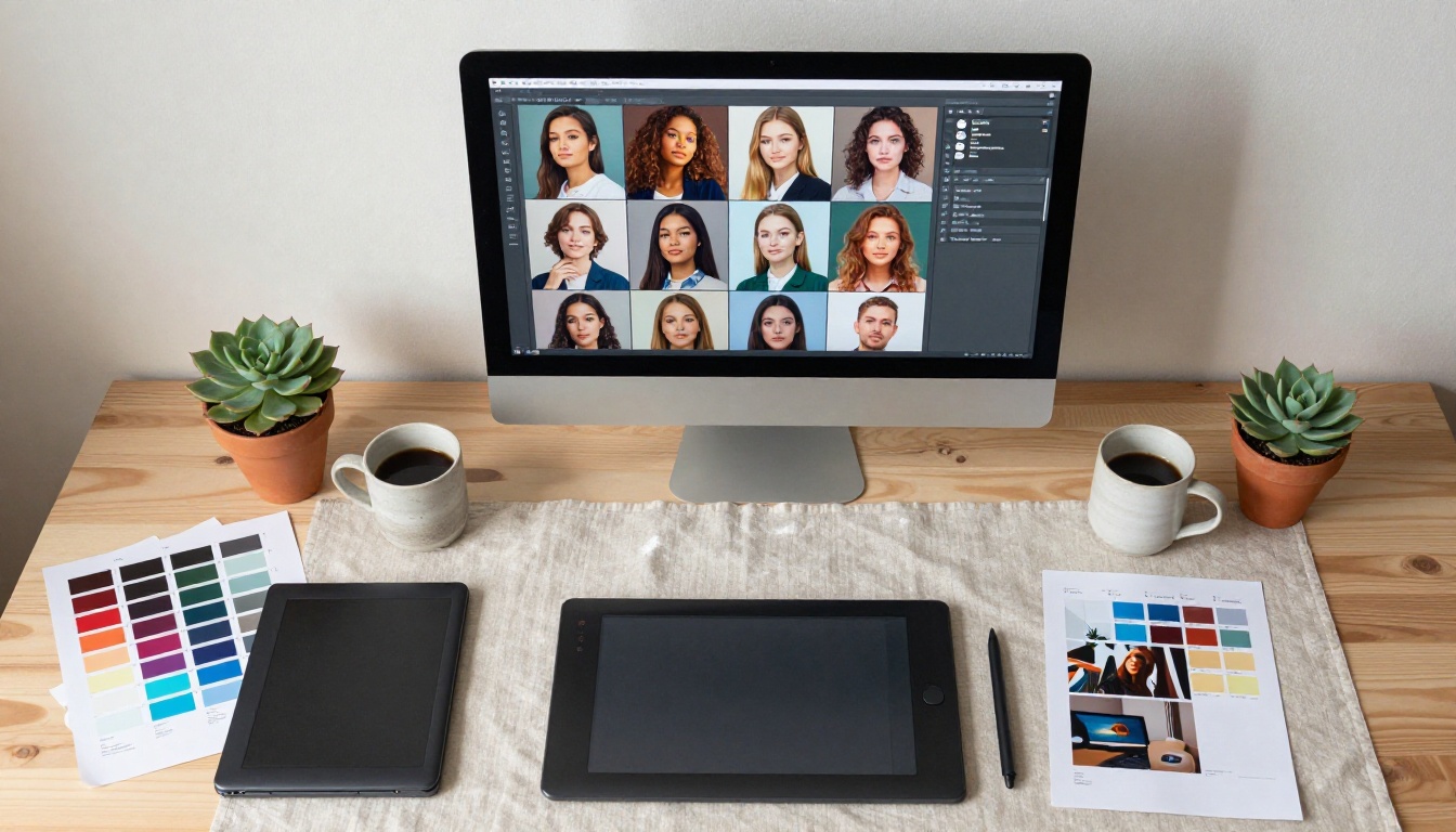 Aerial bird's-eye view of a creative professional's full workstation with monitor showing AI-generated image grids and drawing tablet